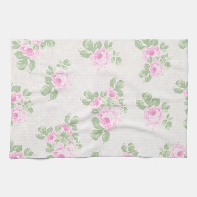 Vintage floral chic pink roses tea towel (Horizontal)