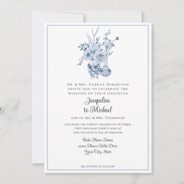 Vintage Floral Chinoiserie White and Blue Wedding Invitation (Front)