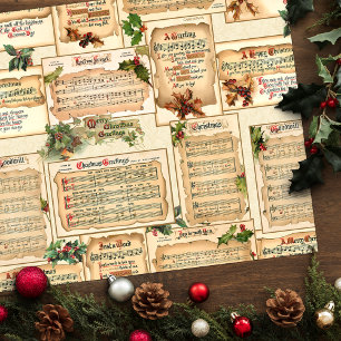 Vintage Floral Christmas Music on Old Parchment Tissue Paper