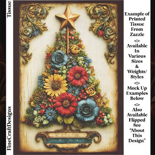 Vintage Floral Christmas Tree Panel EL2L Decoupage Tissue Paper
