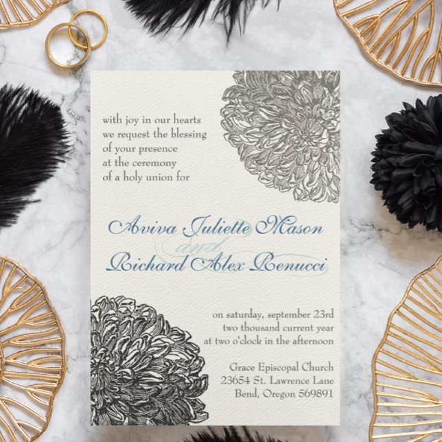 Vintage Floral Chrysanthemum Grey and Blue Invitation (Creator Uploaded)