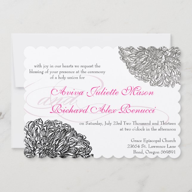 Vintage Floral Chrysanthemum Grey and Pink Invitation (Front)