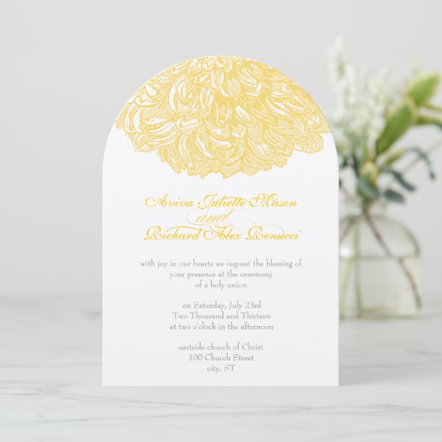 Vintage Floral Chrysanthemum Grey and Yellow Invitation (Standing Front)