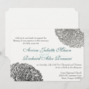 Vintage Floral Chrysanthemum Grey Teal Aqua Invitation