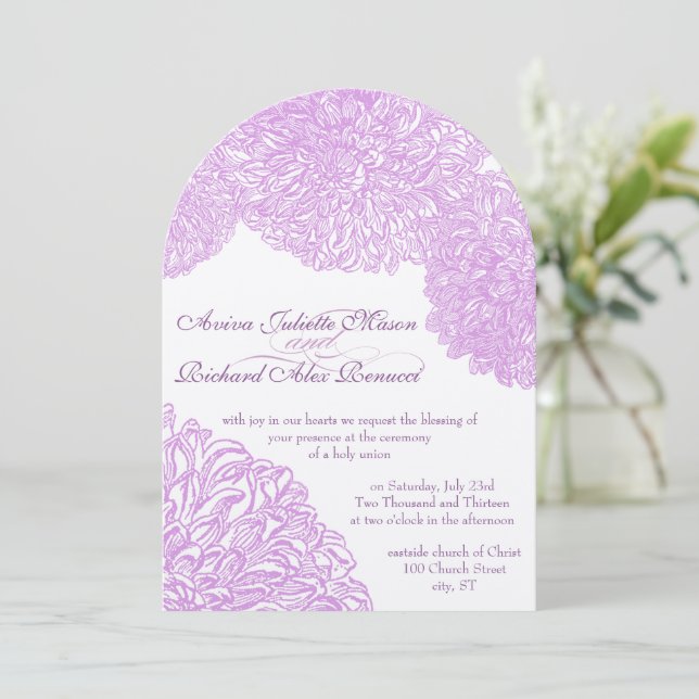 Vintage Floral Chrysanthemum Lavender Wedding Invitation (Standing Front)