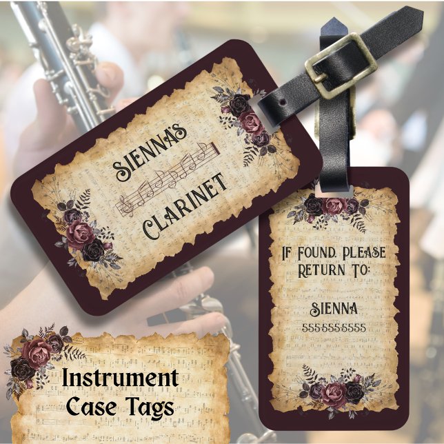 Vintage Floral Clarinet Instrument Case Tag (Clarinet Player Instrument Case Tag with customizable text & contact details.)
