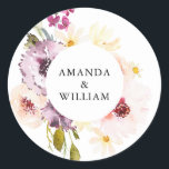 Vintage Floral Classic Round Sticker<br><div class="desc">Add a special touch to your wedding with this elegant personalised sticker featuring the couple’s names in a stylish font. Decorated with delicate watercolor flowers in soft pastel tones, it’s perfect for sealing envelopes, favour boxes, or decorating wedding stationery. A beautiful way to add a romantic and customised detail to...</div>