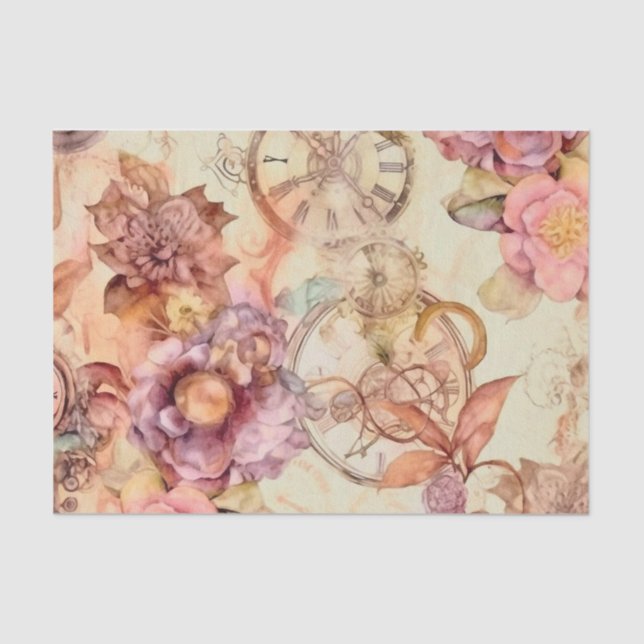 Vintage Floral Clock Steampunk Tissue Paper (Front)