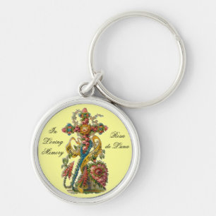 Vintage Floral Condolence Cross Key Ring