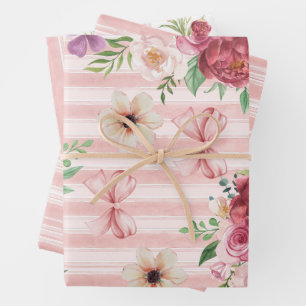 Vintage floral Coquette bow pink and red flowers Wrapping Paper Sheet