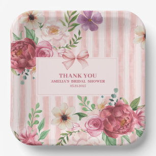 Vintage floral Coquette pink bow bridal shower Paper Plate