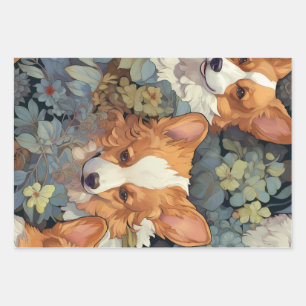 Vintage Floral Corgi Pattern Cute Botanical Dog De Wrapping Paper Sheet