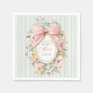 Vintage Floral Cottagecore Pink Bow Baby Shower Napkin