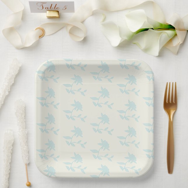  Vintage Floral Cream Blue Pattern Paper Plate (Wedding)