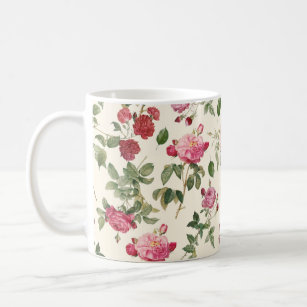 Vintage Floral Cream Pink Rose Coffee Mug