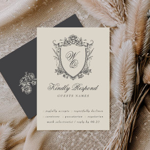 Vintage Floral Crest Beige Charcoal Monogram RSVP Card