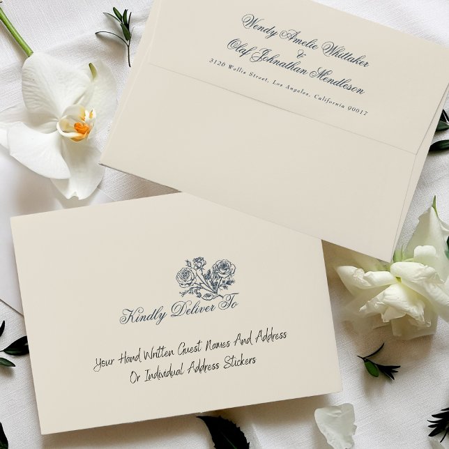 Vintage Floral Crest Cream & Navy Monogram Wedding Envelope (Creator Uploaded)