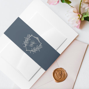 Vintage Floral Crest Cream & Navy Monogram Wedding Invitation Belly Band