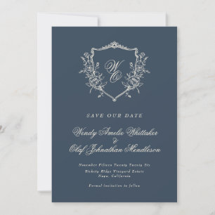 Vintage Floral Crest Navy & Cream Monogram Photo Save The Date