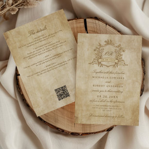 Vintage Floral Crest QR Code All-In-One Wedding Invitation