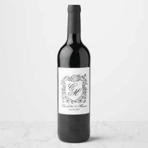 Vintage Floral Crest Wedding Wine Bottle Label