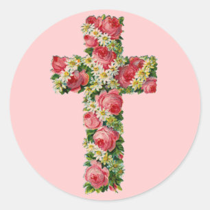 Vintage Floral Cross Classic Round Sticker