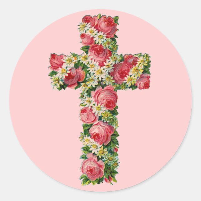 Vintage Floral Cross Classic Round Sticker (Front)