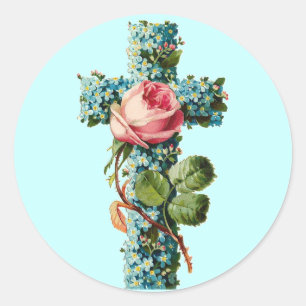 Vintage Floral Cross Classic Round Sticker