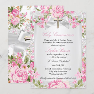 Vintage Floral Cross First Communion Pink 3 Invitation