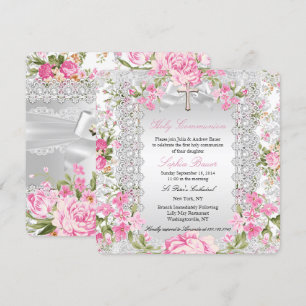 Vintage Floral Cross First Communion Pink 4 Invitation