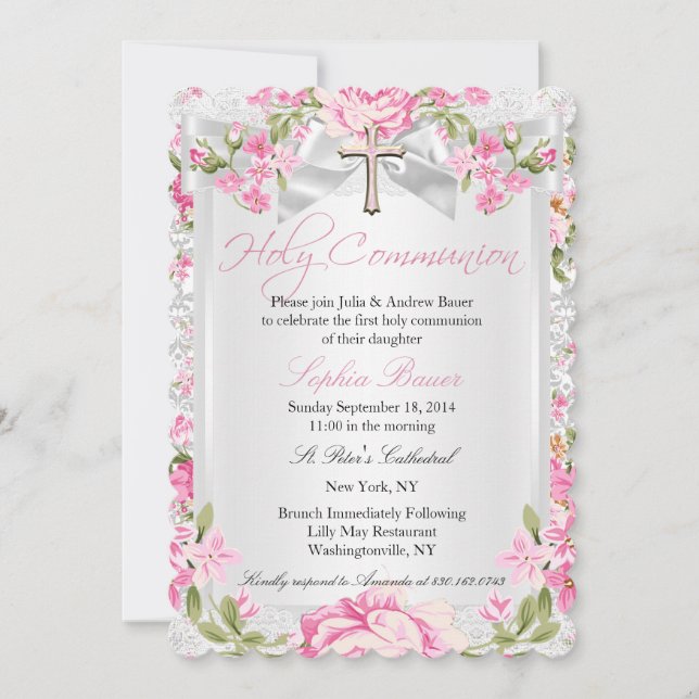 Vintage Floral Cross First Communion Pink Invitation (Front)