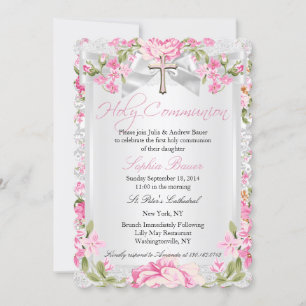 Vintage Floral Cross First Communion Pink Invitation