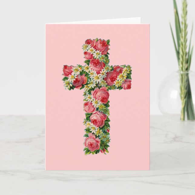 Vintage Floral Cross Holiday Card (Front)