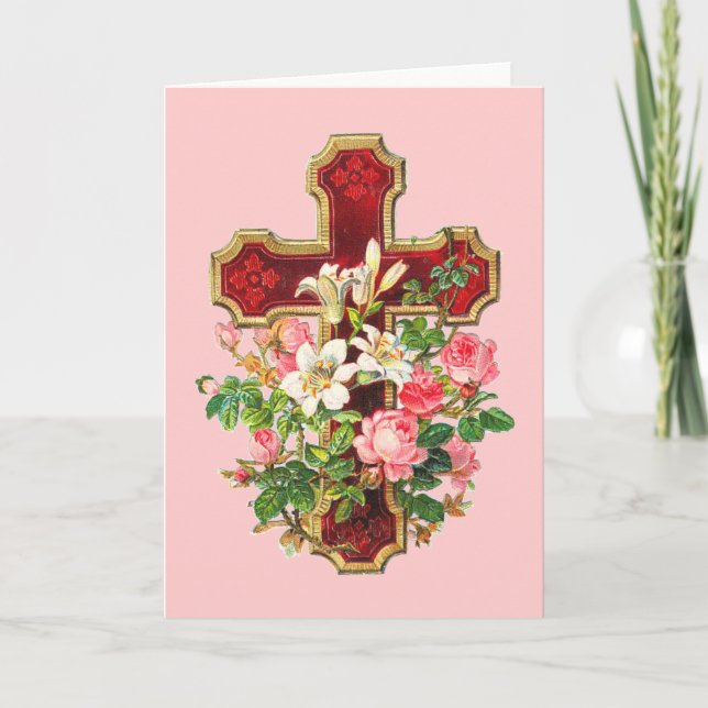 Vintage Floral Cross Holiday Card (Front)