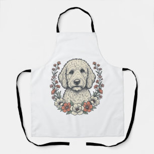 Vintage Floral Curly Dog Portrait T-Shirt Design_1 Apron