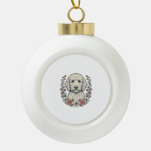 Vintage Floral Curly Dog Portrait T-Shirt Design_1 Ceramic Ball Christmas Ornament