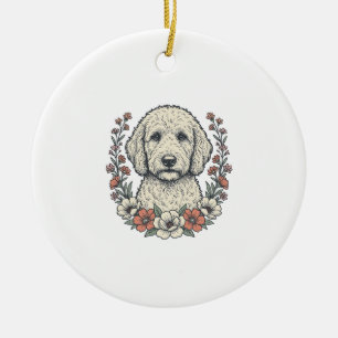 Vintage Floral Curly Dog Portrait T-Shirt Design_1 Ceramic Tree Decoration