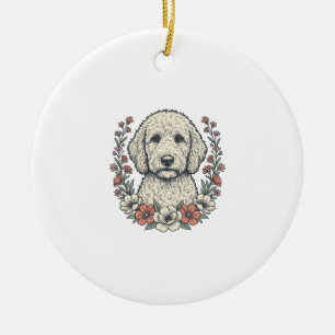 Vintage Floral Curly Dog Portrait T-Shirt Design_1 Ceramic Tree Decoration