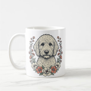 Vintage Floral Curly Dog Portrait T-Shirt Design_1 Coffee Mug
