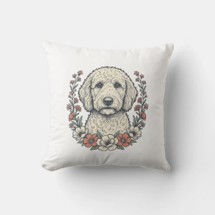 Vintage Floral Curly Dog Portrait T-Shirt Design_1 Cushion