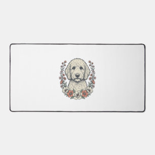 Vintage Floral Curly Dog Portrait T-Shirt Design_1 Desk Mat