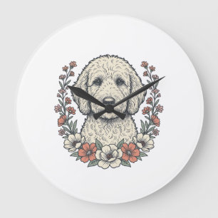 Vintage Floral Curly Dog Portrait T-Shirt Design_1 Large Clock