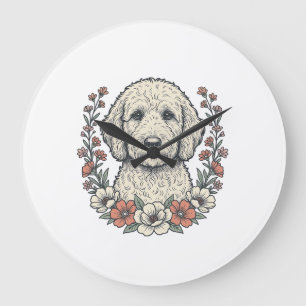 Vintage Floral Curly Dog Portrait T-Shirt Design_1 Large Clock