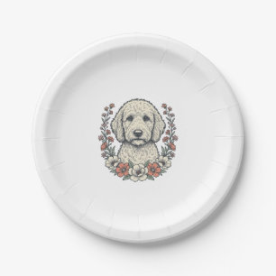 Vintage Floral Curly Dog Portrait T-Shirt Design_1 Paper Plate