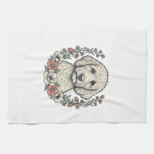 Vintage Floral Curly Dog Portrait T-Shirt Design_1 Tea Towel