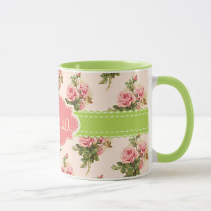 Vintage Floral Custom Name Pink Green Mug