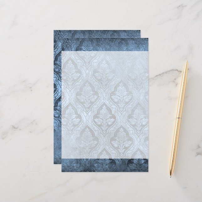 Vintage Floral Custom Paper Stationery - Blue (Front/Back In Situ)