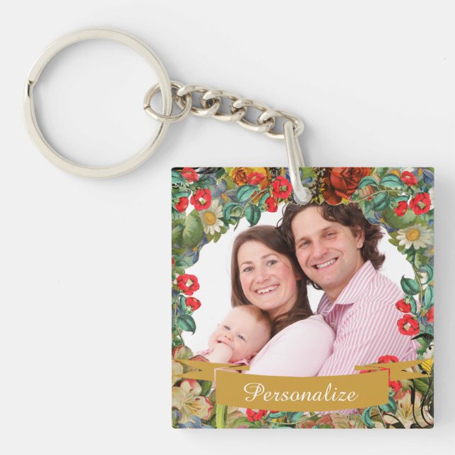 Vintage Floral Custom Photo Personalised Key Ring (Front)