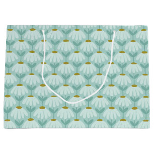 Vintage Floral Daisies Pattern Teal Blue & Olive Large Gift Bag