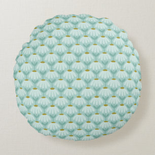 Vintage Floral Daisies Pattern Teal Blue & Olive Round Cushion